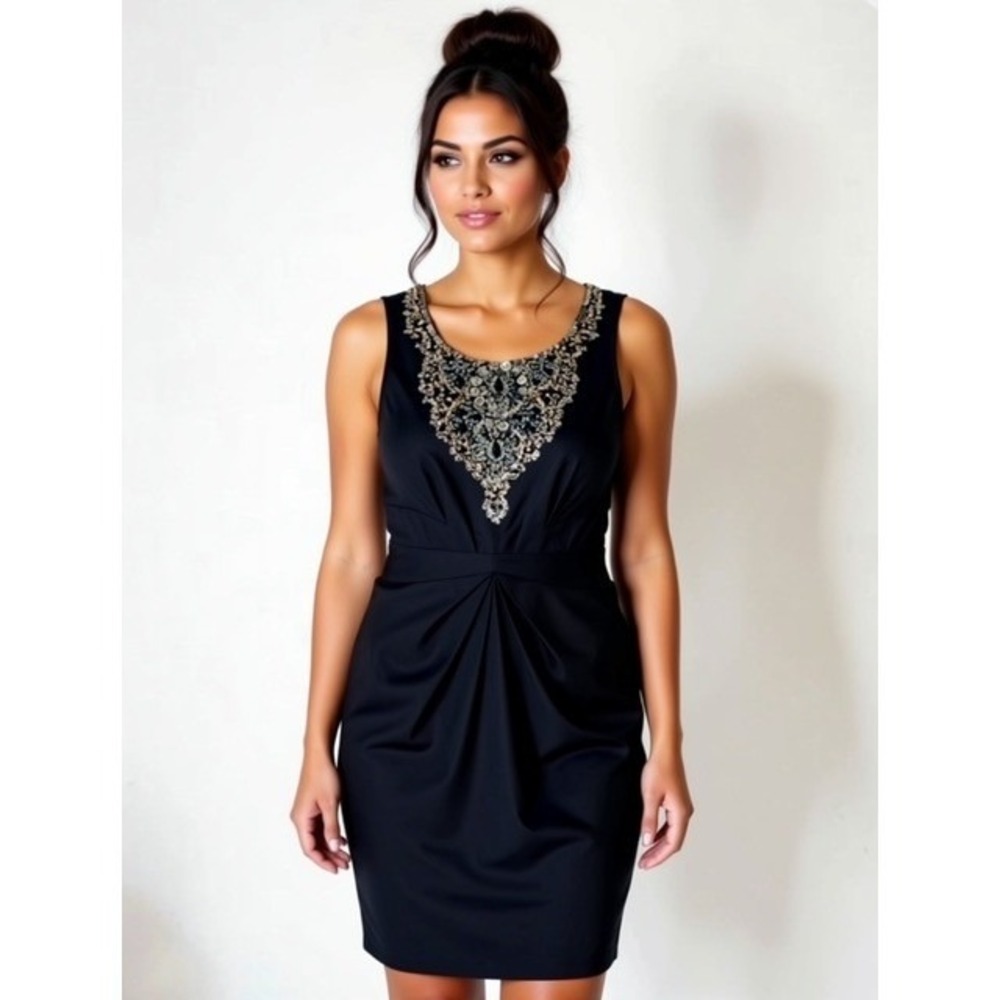 Lafayette 148 New York Black Beaded Neckline Sleeveless Sheath Dress Cocktail